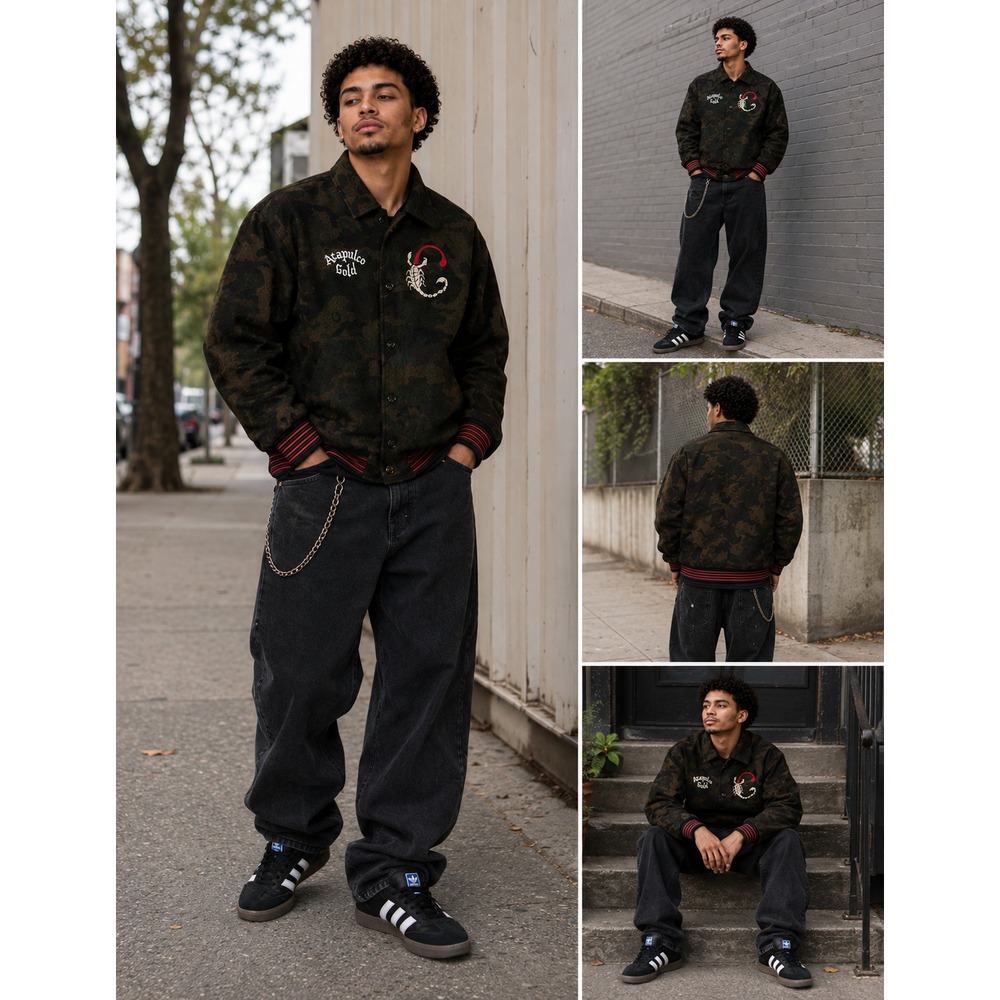Acapulco Gold Men's Camouflage Wool Bomber Jacket Long Sleeve Green Size XXL